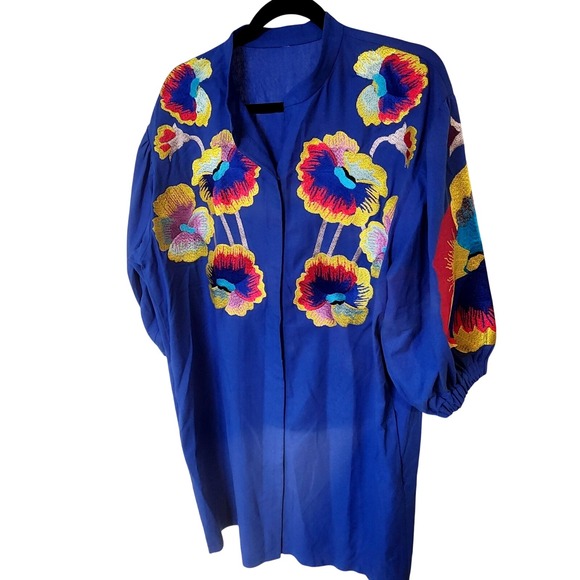 Embroidered Tunic Dress Blue Floral Bohemian Button Down Womens - Picture 1 of 6